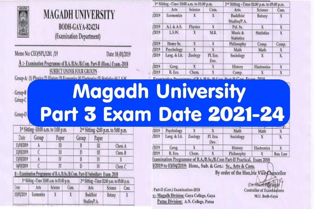 Magadh University Part 3 Exam Date 2021-24, Check BA BSc Exam Program