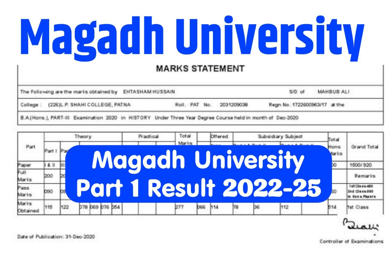 Magadh University Part 1 Result 2022-25, Check BA BSc BCom Marksheet