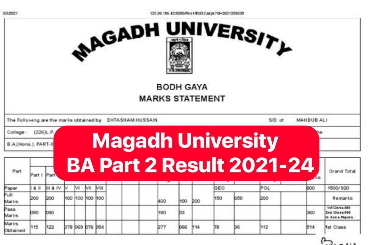 Magadh University BA Part 2 Result 2021-24, Check BA Marksheet